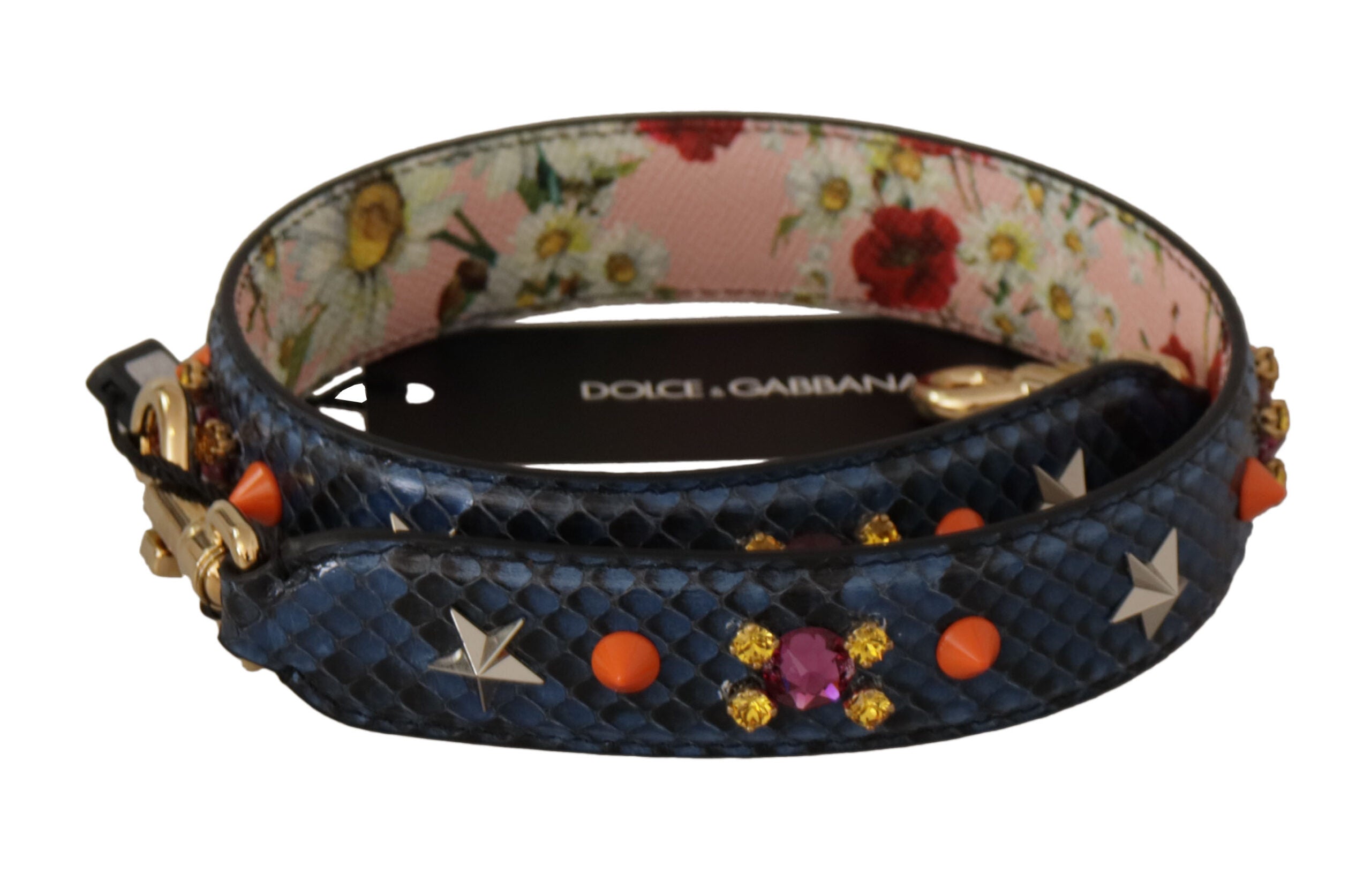 Blue exotic leather Dolce & Gabbana reversible shoulder strap with decorative crystals and adjustable length.