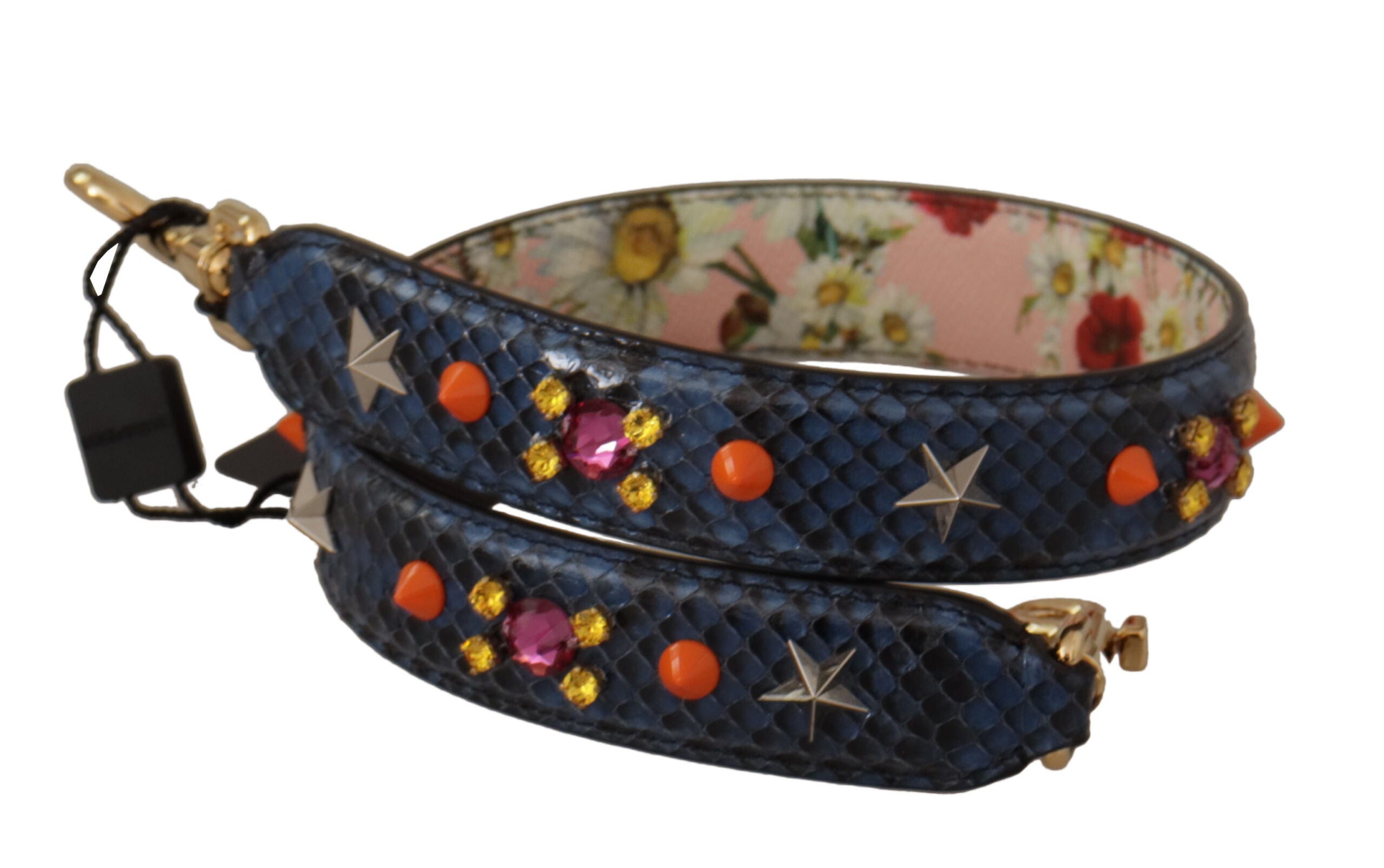Blue exotic leather Dolce & Gabbana reversible shoulder strap with crystal embellishments, featuring luxurious texture and adjustable design.