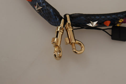 Blue exotic leather reversible shoulder strap with crystal accents from Dolce & Gabbana, showcasing luxurious craftsmanship and detailed design.