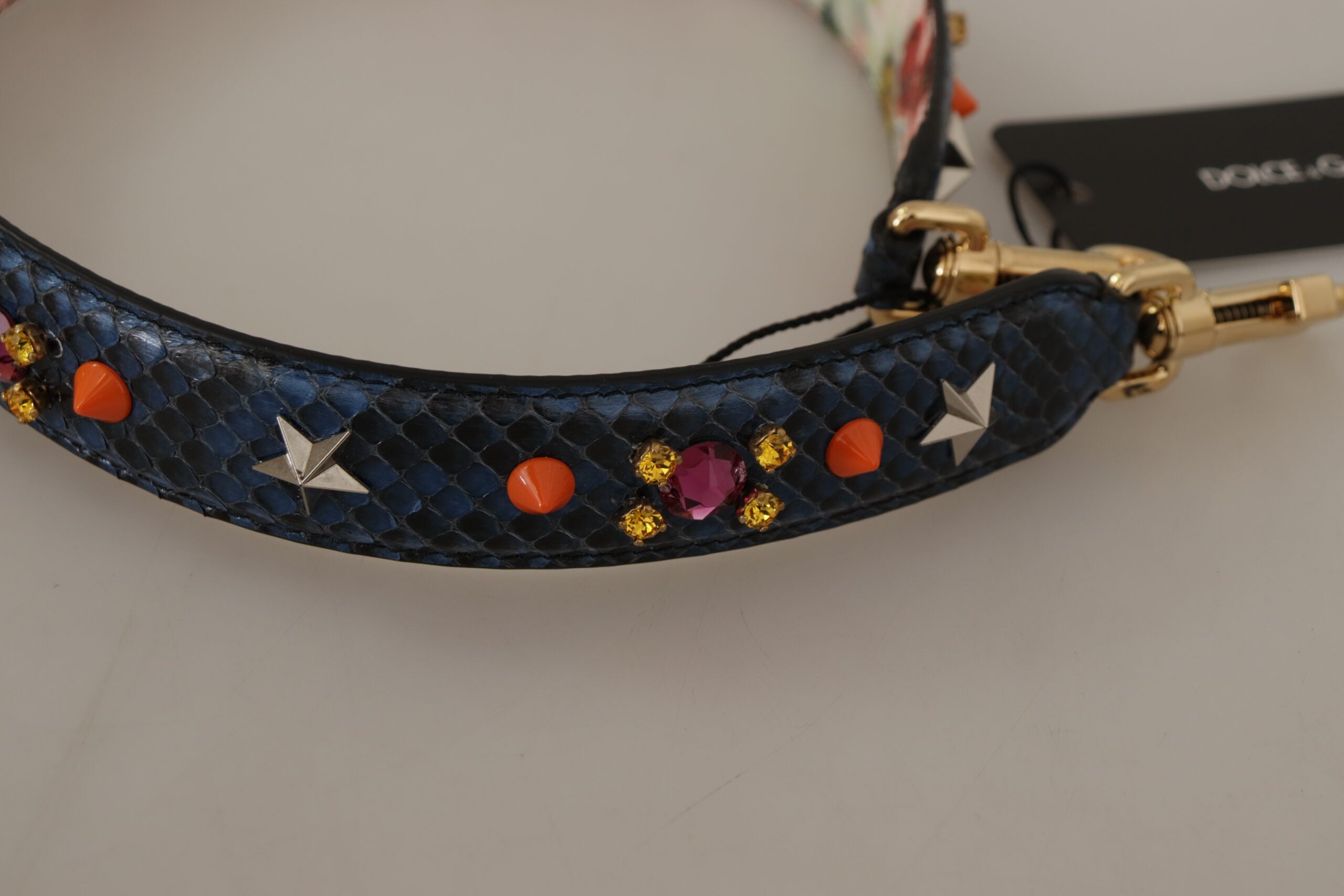 Blue exotic leather Dolce & Gabbana reversible shoulder strap with crystal embellishments, showcasing luxurious craftsmanship.