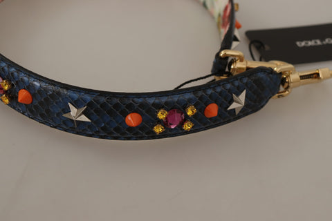 Blue exotic leather Dolce & Gabbana reversible shoulder strap with crystal embellishments, showcasing luxurious craftsmanship.