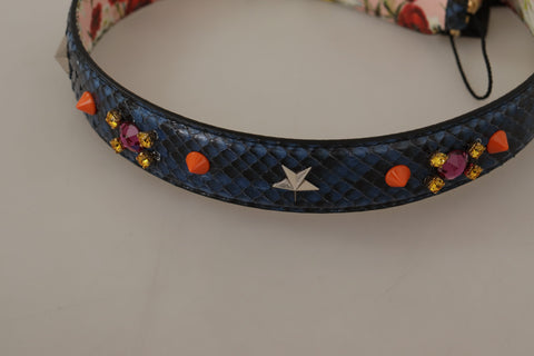 Blue exotic leather Dolce & Gabbana reversible shoulder strap with crystal embellishments and silver-tone hardware.
