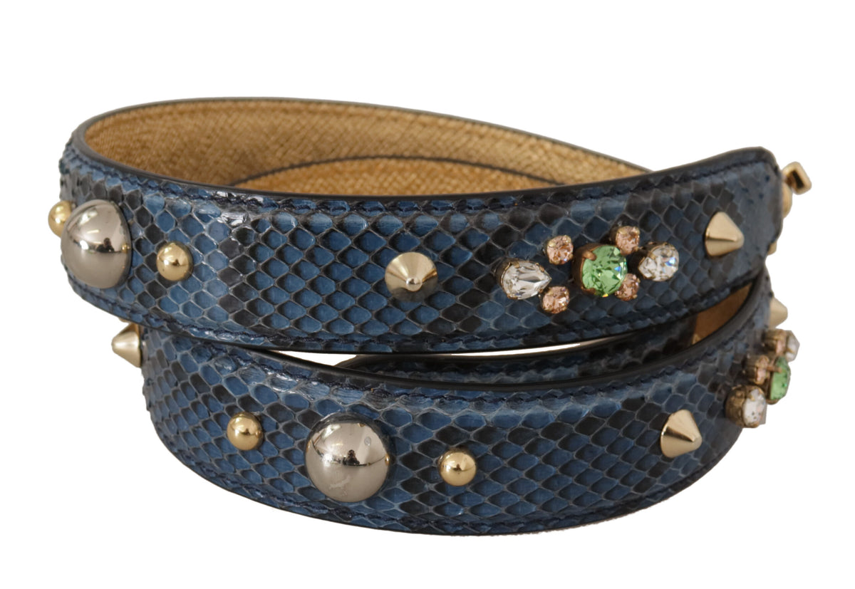 Blue exotic leather shoulder strap with crystal accents from Dolce & Gabbana, featuring detailed craftsmanship and luxurious design.