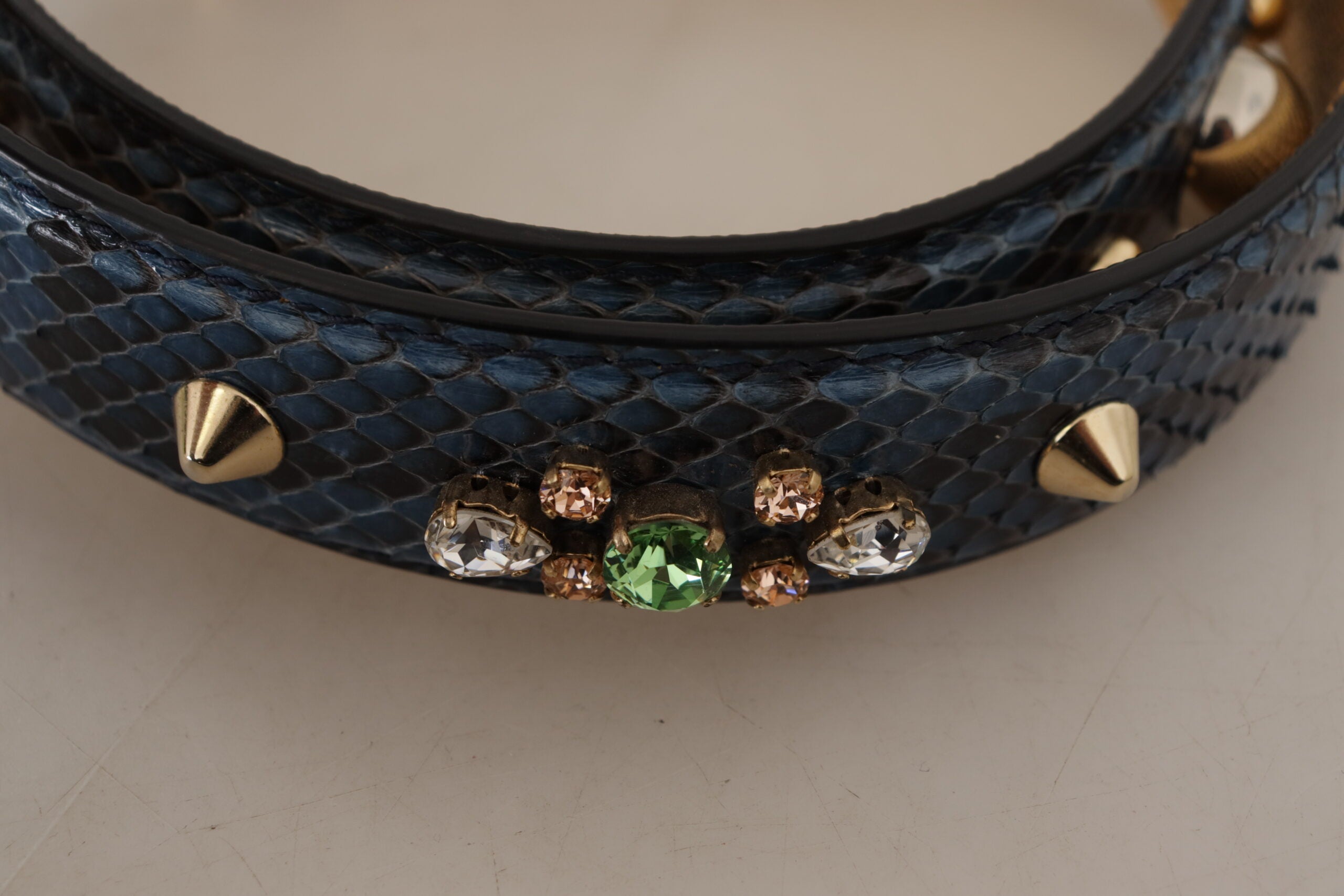 Blue exotic leather shoulder strap with crystal embellishments for Dolce & Gabbana handbags, featuring luxurious textured leather details.