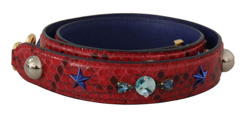 Red exotic leather shoulder strap with crystal embellishments from Dolce & Gabbana, featuring intricate detailing and luxurious design.