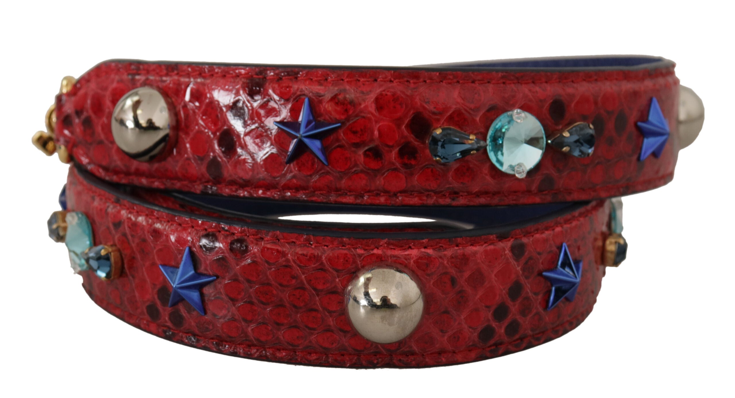 Red exotic leather shoulder strap with crystal embellishments from Dolce & Gabbana, featuring intricate detailing and luxurious craftsmanship.