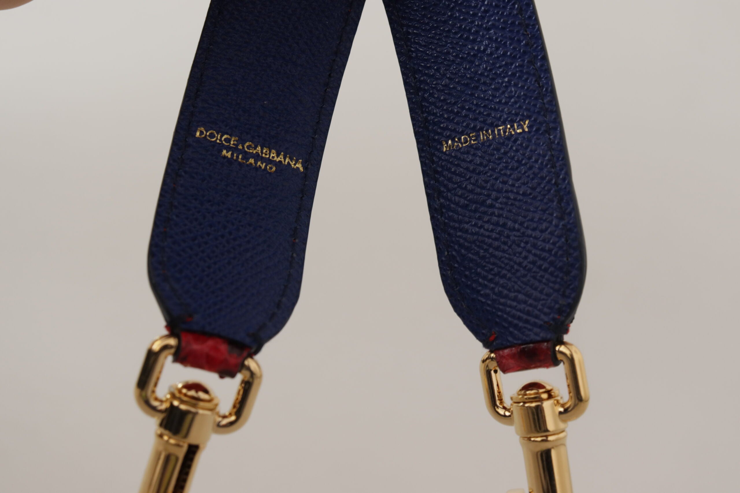 Red exotic leather shoulder strap with crystal embellishments by Dolce & Gabbana, featuring detailed textured leather and decorative crystals.