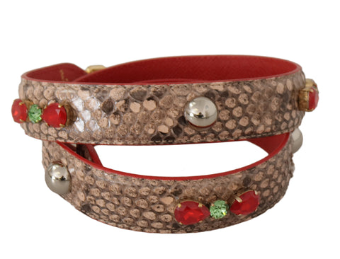 Brown Python leather shoulder strap with crystal embellishments from Dolce & Gabbana, featuring textured python leather and sparkling accents.