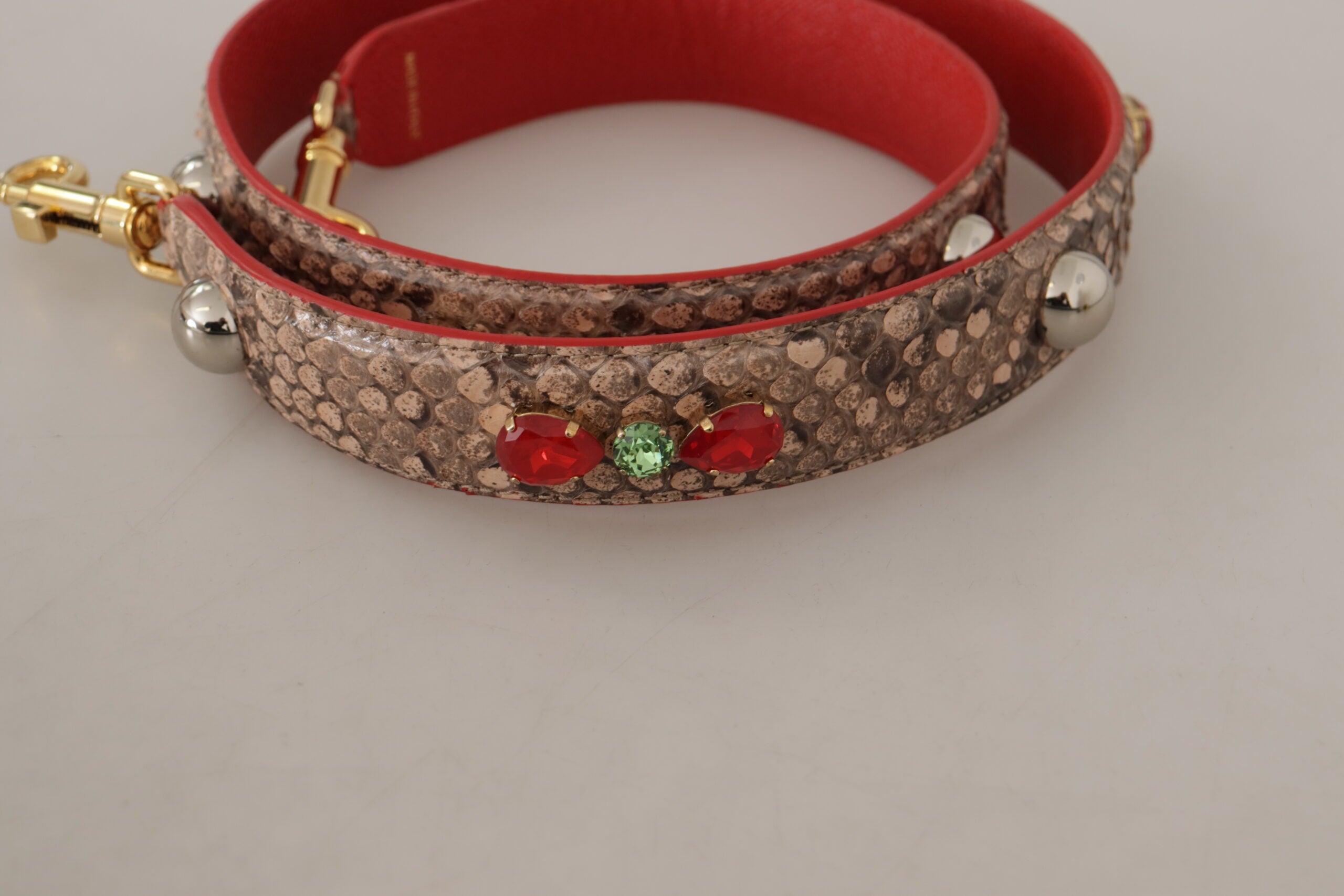 Brown Python leather shoulder strap with crystal embellishments for Dolce & Gabbana handbags, featuring textured python skin and sparkling accents.