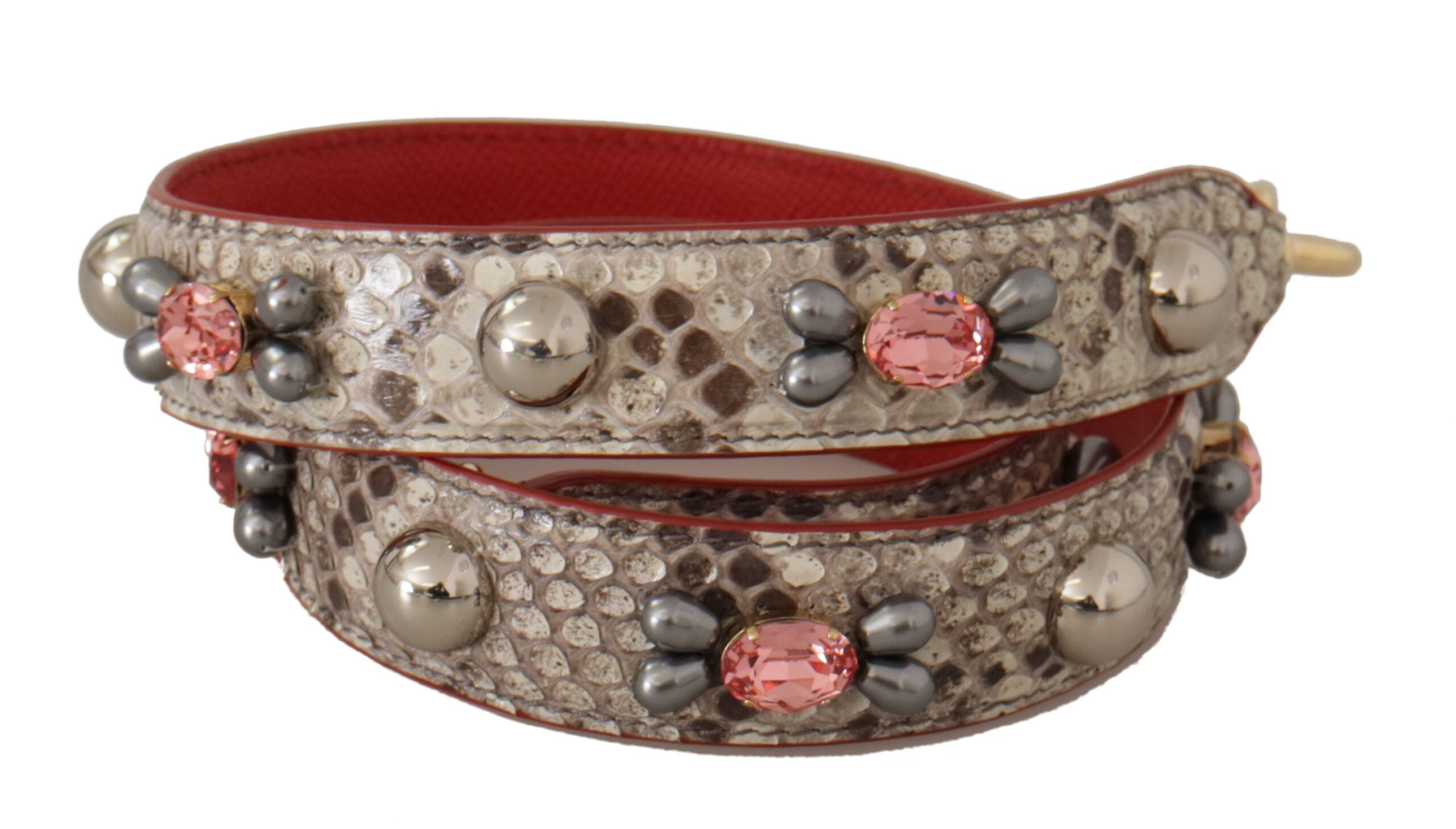 Beige exotic leather shoulder strap with metal studs, designed by Dolce & Gabbana, featuring a textured finish and adjustable length.