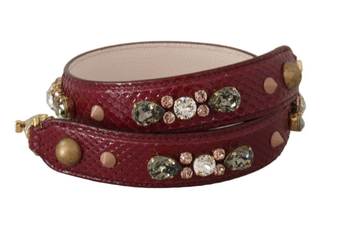 Dolce & Gabbana Bordeaux leather bag with crystal-embellished shoulder strap, stylish accessory for luxury handbags.