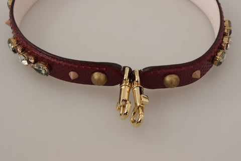 Dolce & Gabbana Bordeaux leather bag shoulder strap with crystal embellishments, designed for luxury handbags.