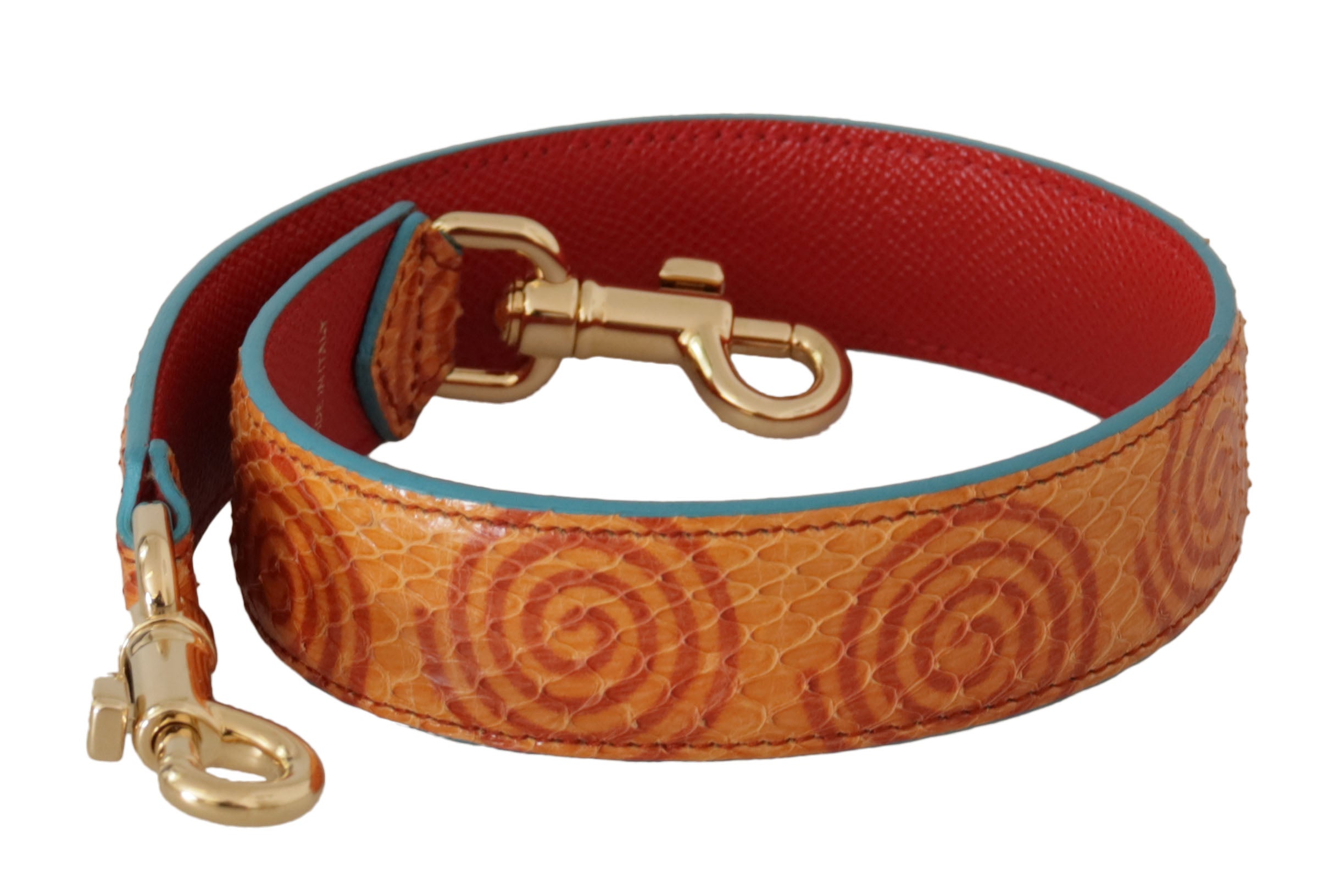Orange leather swirl print shoulder bag strap by Dolce & Gabbana showing detailed leather and swirl pattern.