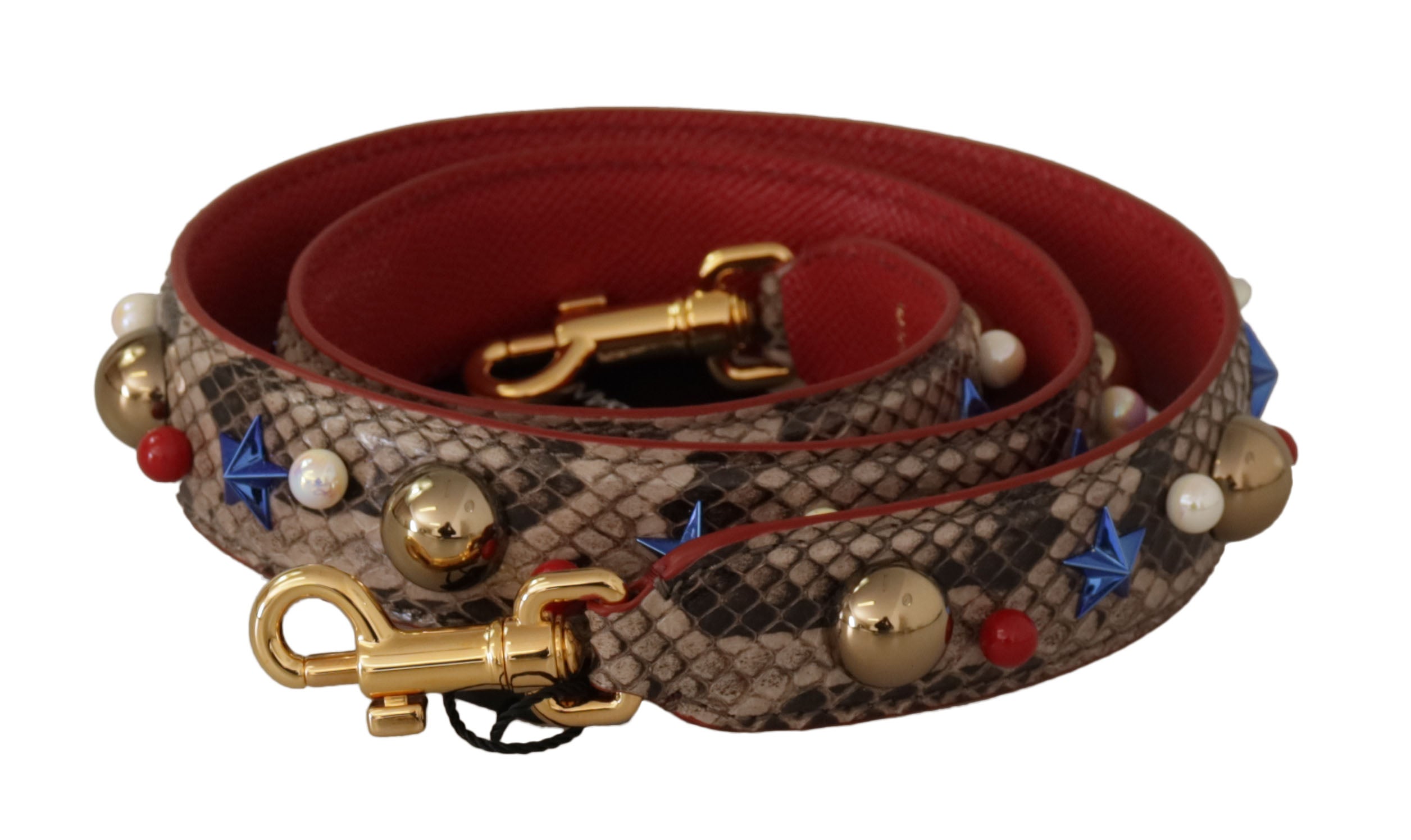 Brown Python leather shoulder strap with silver studs, designed by Dolce & Gabbana, featuring textured python skin and adjustable length.