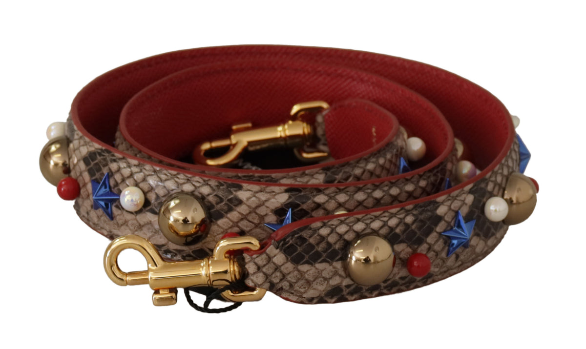 Brown Python leather shoulder strap with silver studs, designed by Dolce & Gabbana, featuring textured python skin and adjustable length.