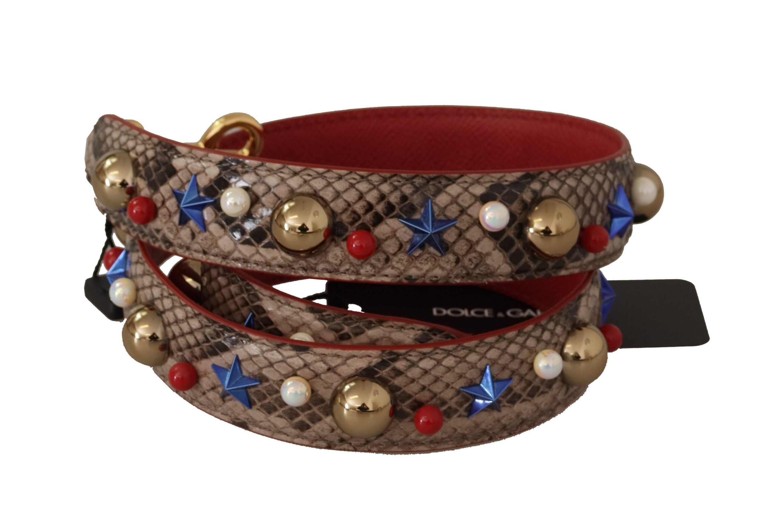Brown Python leather shoulder strap with silver studs, designed by Dolce & Gabbana, featuring textured python pattern and adjustable length.