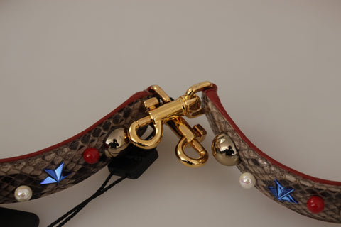 Brown Python leather shoulder strap with silver studs from Dolce & Gabbana, showing textured python pattern and detailed stud embellishments.