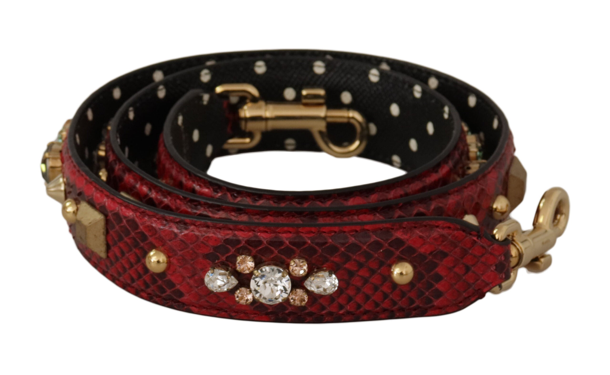 Red python leather Dolce & Gabbana reversible shoulder strap with crystal embellishments, showcasing luxurious craftsmanship and vibrant design.