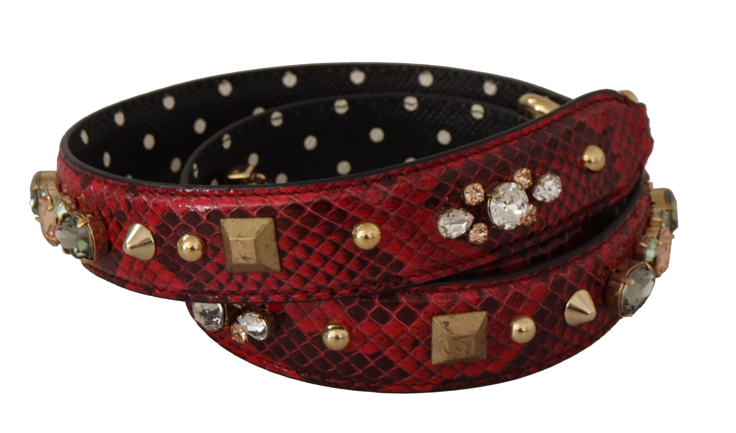 Red Python leather reversible shoulder strap with crystal accents by Dolce & Gabbana, showing detailed texture and elegant design.