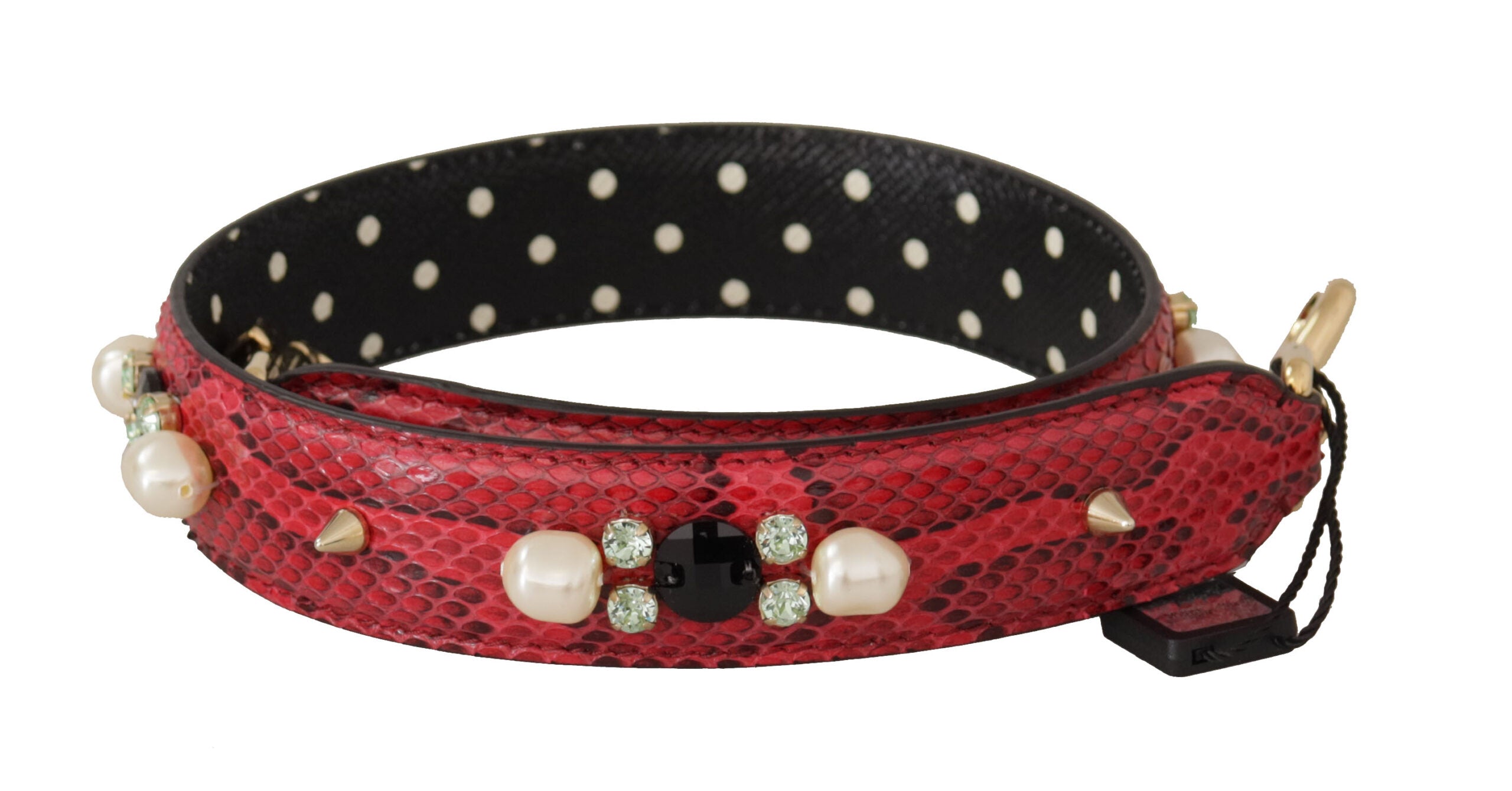 Red Python leather Dolce & Gabbana reversible shoulder strap with crystal embellishments, designed for luxury handbags.