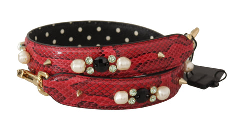 Red Python leather Dolce & Gabbana reversible shoulder strap with crystal embellishments, showcasing luxurious texture and elegant design.