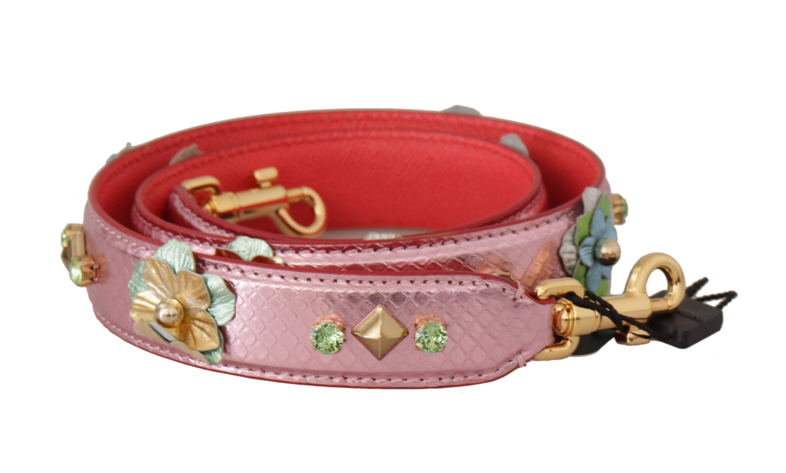 Metallic pink leather shoulder strap with studded detailing from Dolce & Gabbana, showcasing its stylish design and hardware.