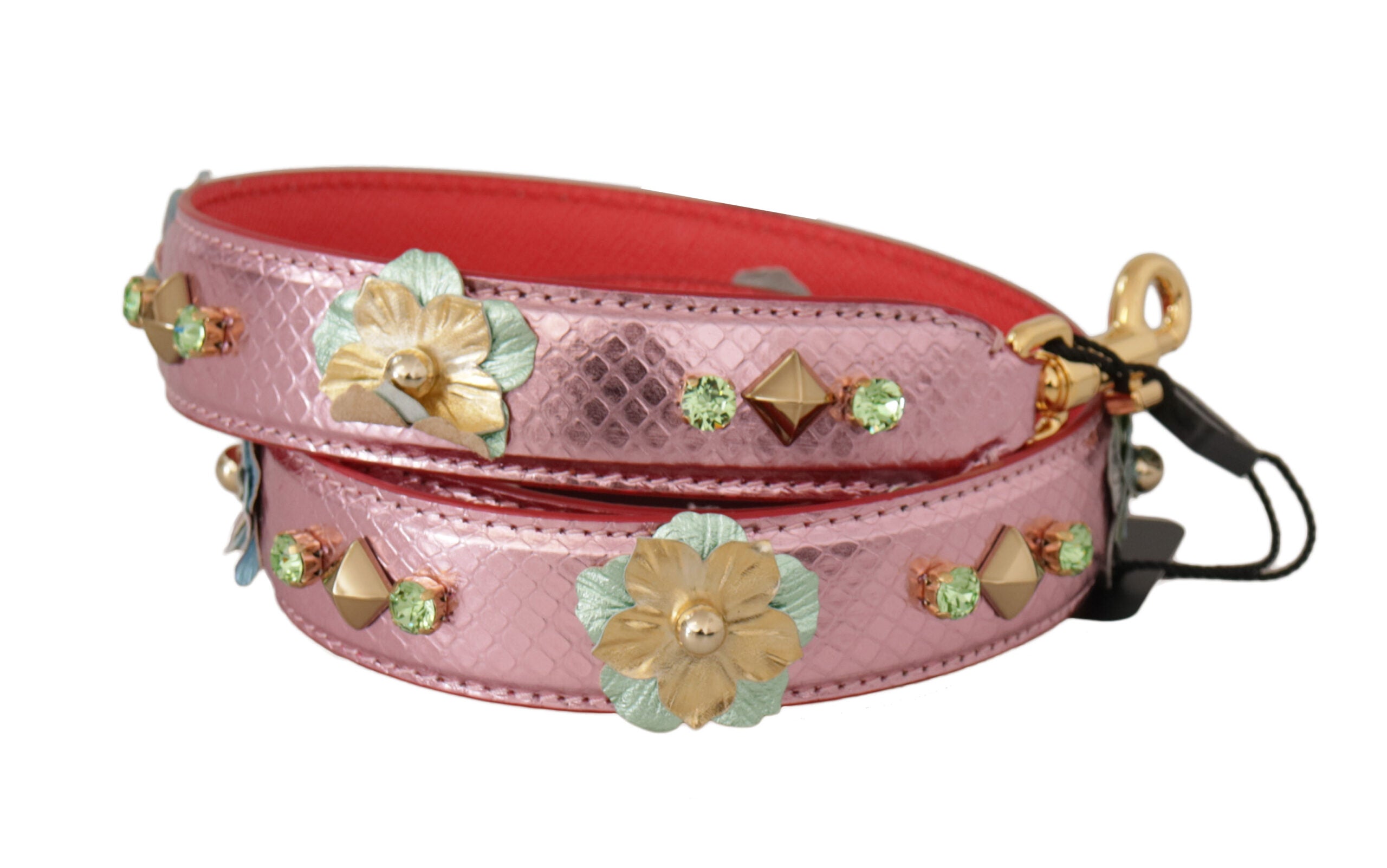 Metallic pink leather shoulder strap with silver studs, designed by Dolce & Gabbana, featuring a stylish and edgy accessory.