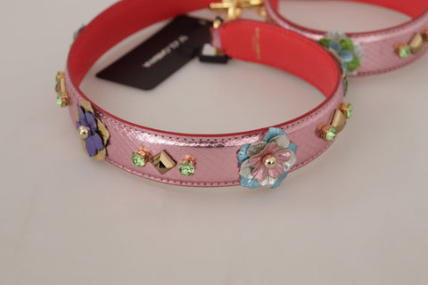 Metallic pink leather shoulder strap with studded design by Dolce & Gabbana, featuring silver-tone hardware and adjustable length.