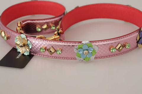 Metallic pink leather shoulder strap with studded detailing from Dolce & Gabbana, featuring adjustable length and silver-tone hardware.
