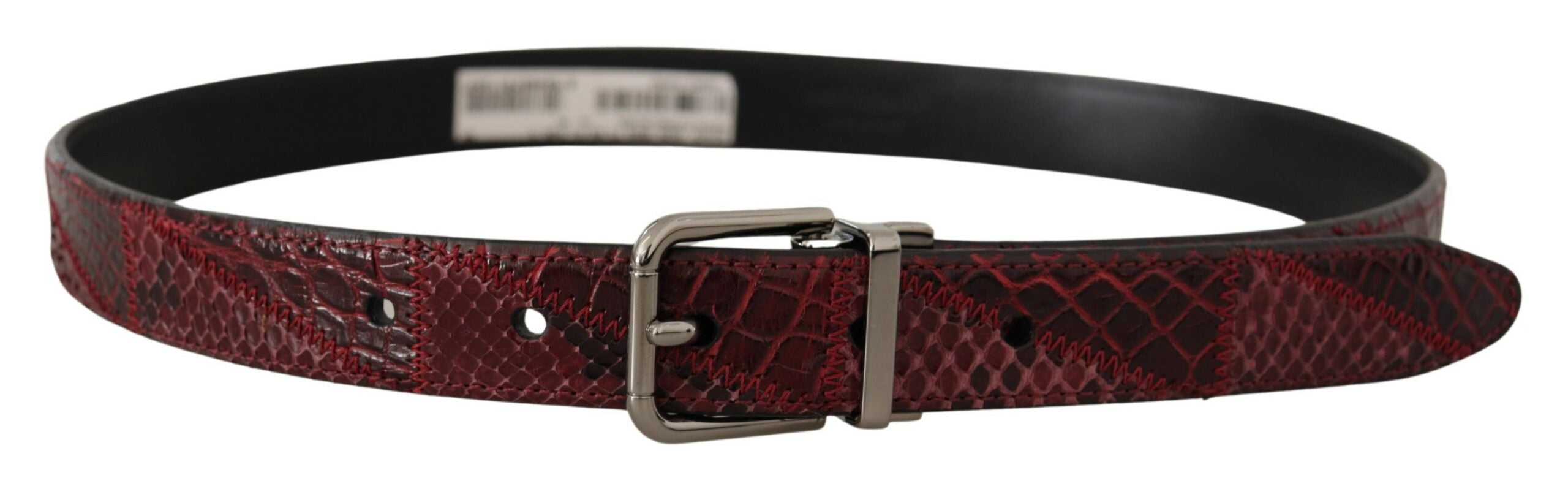 Red exotic leather belt with metal logo buckle by Dolce & Gabbana, featuring textured leather and polished silver hardware.