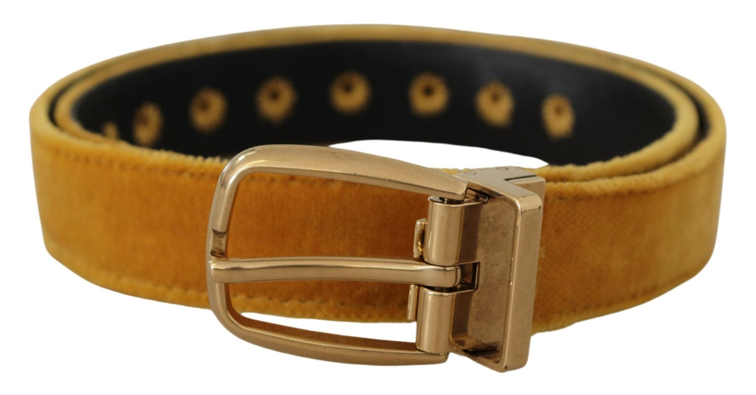 Dolce & Gabbana mustard velvet belt with gold logo engraved metal buckle, stylish accessory for women.