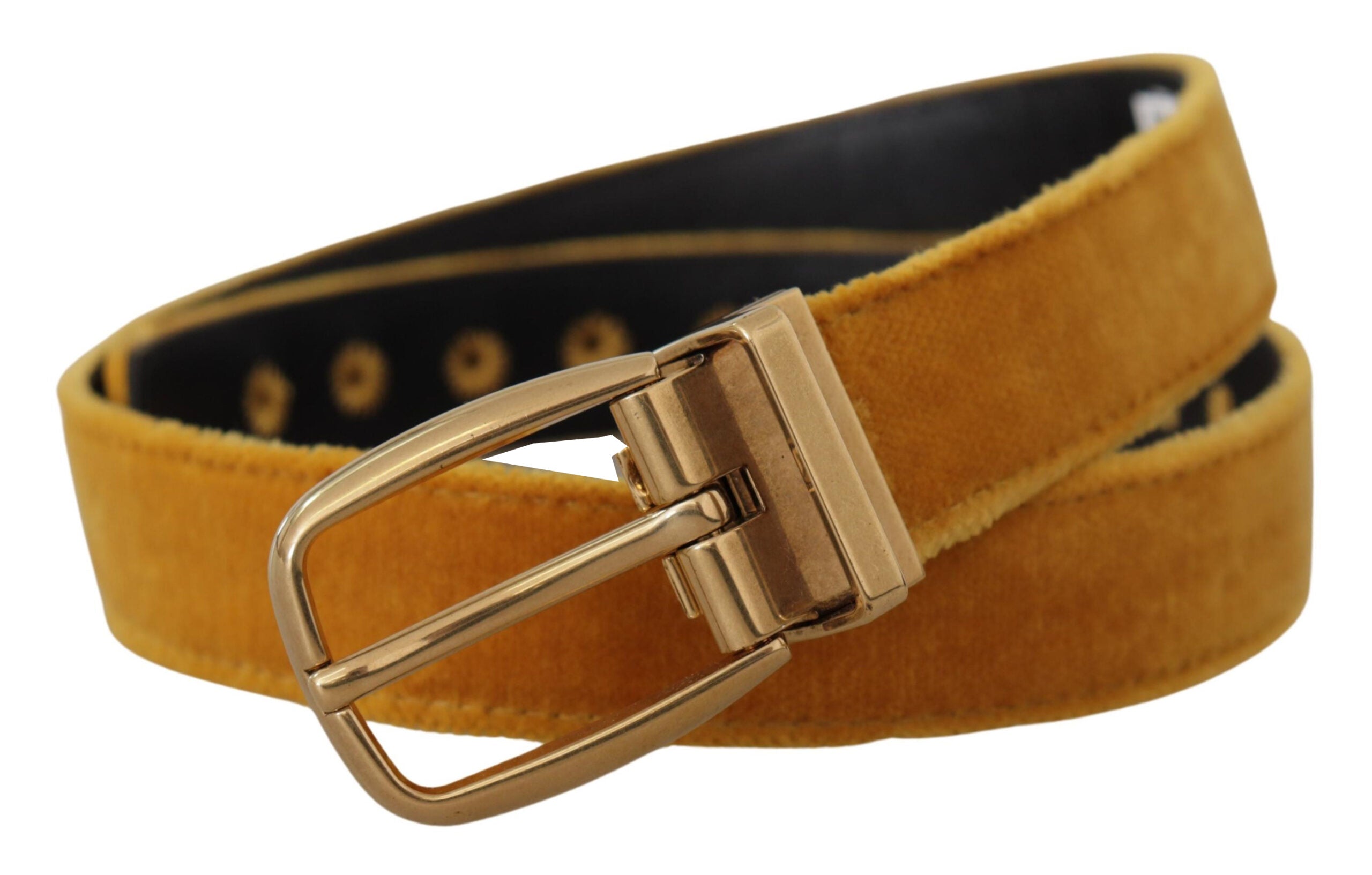 Dolce & Gabbana mustard velvet belt with gold logo engraved metal buckle, stylish accessory with luxurious texture.