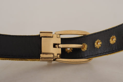 Dolce & Gabbana mustard velvet belt with gold logo engraved metal buckle, stylish accessory for fashion outfits.