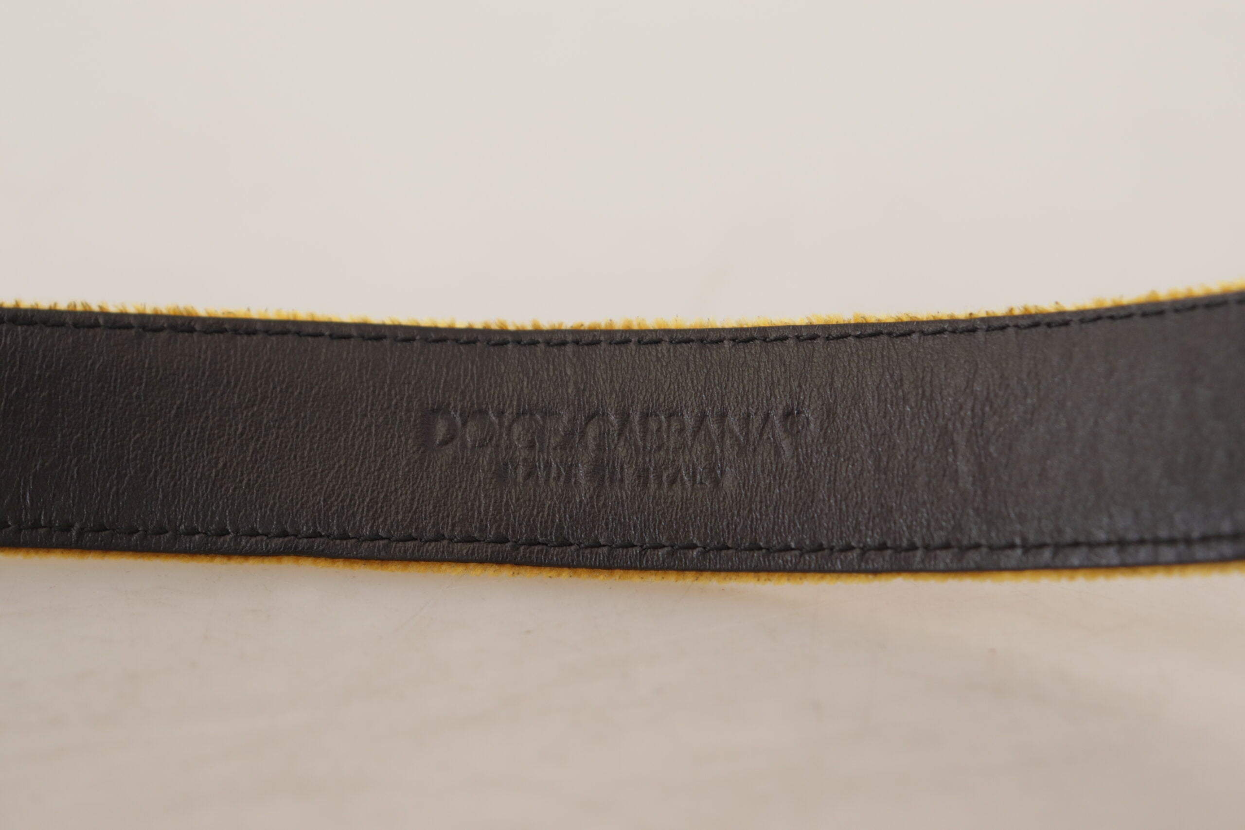 Dolce & Gabbana mustard velvet belt with gold logo engraved metal buckle, stylish accessory with luxury branding.