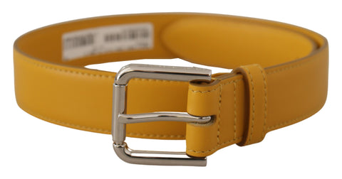 Yellow leather belt with silver-tone logo metal buckle from Dolce & Gabbana, featuring a stylish and sleek design.