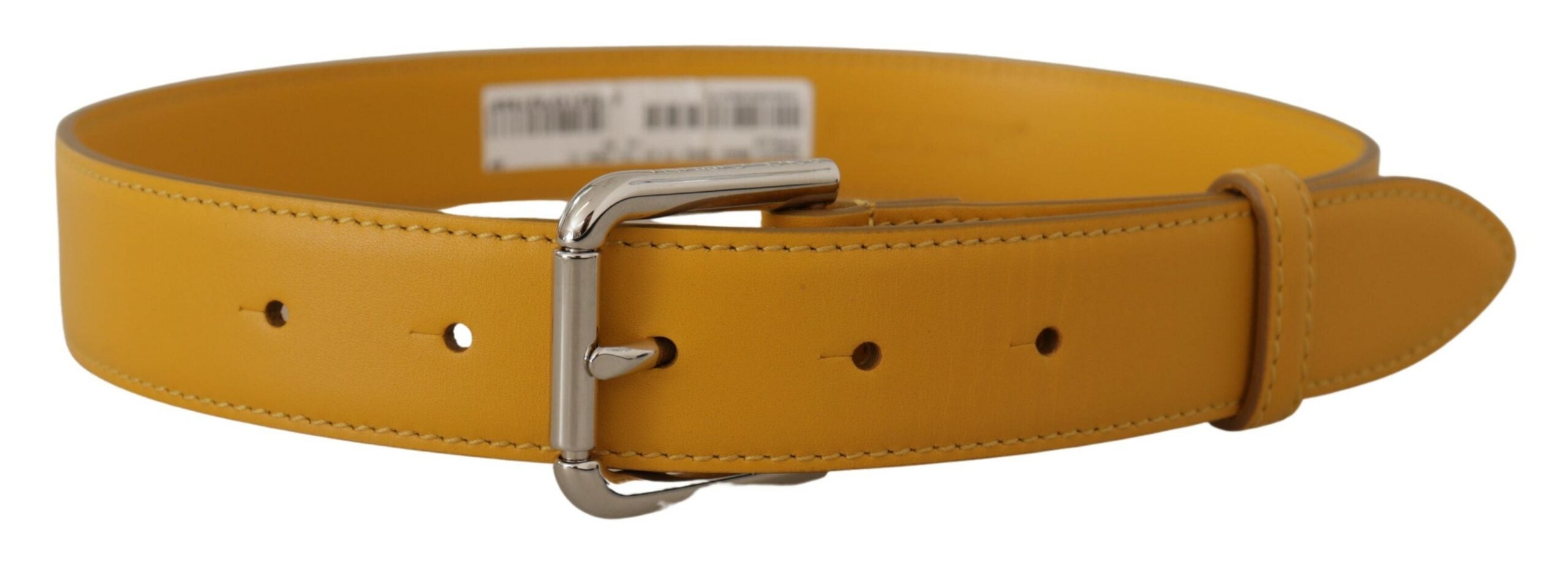 Yellow leather belt with silver tone logo metal buckle by Dolce & Gabbana, showing close-up of the buckle and strap details.