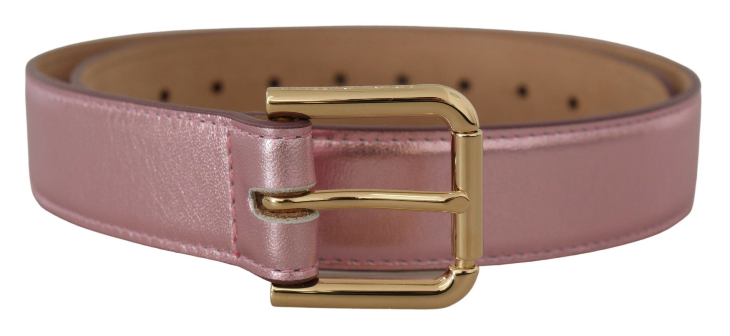 Dolce & Gabbana metallic pink polished leather belt with logo metal buckle, showcasing a shiny, smooth finish and stylish design.