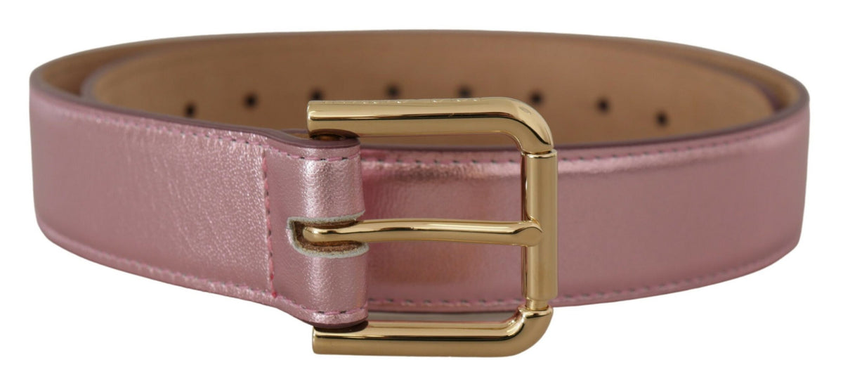 Dolce & Gabbana metallic pink polished leather belt with logo metal buckle, showcasing a shiny, smooth finish and stylish design.
