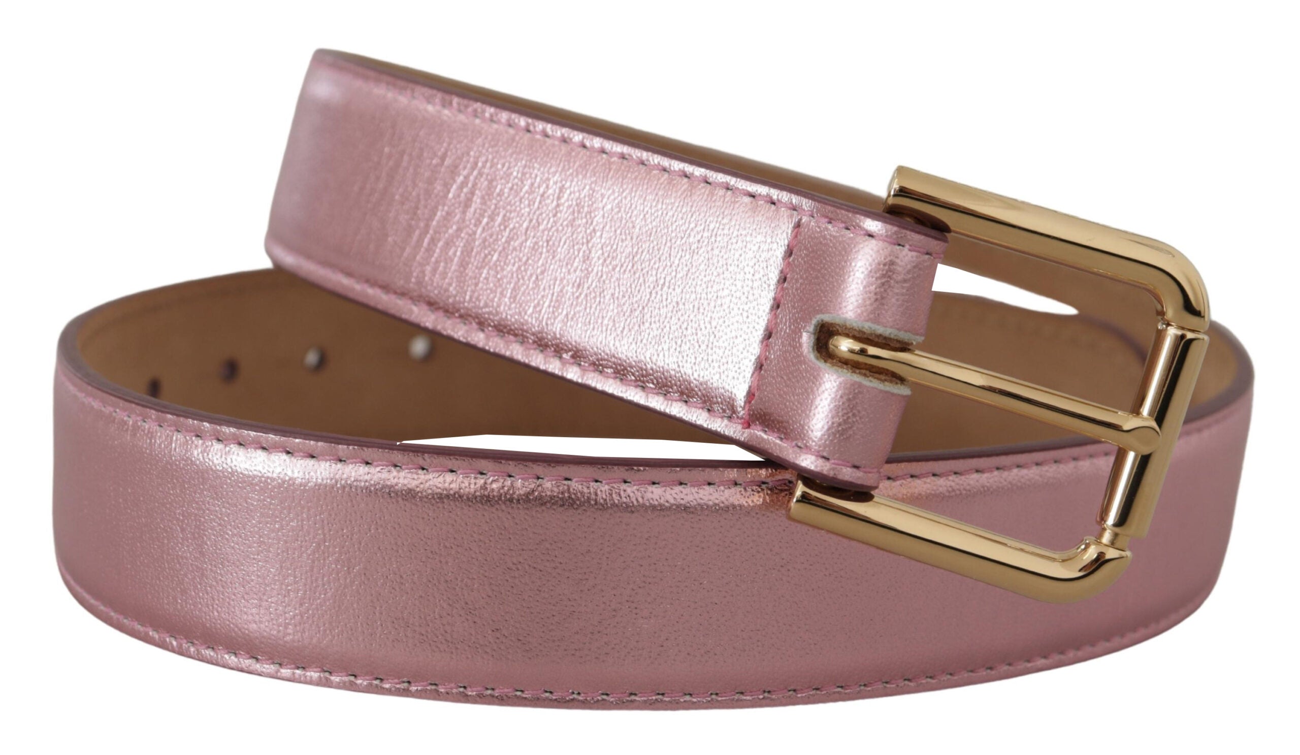 Pink metallic leather belt with polished finish and a metal buckle featuring the Dolce & Gabbana logo, stylish accessory for women.
