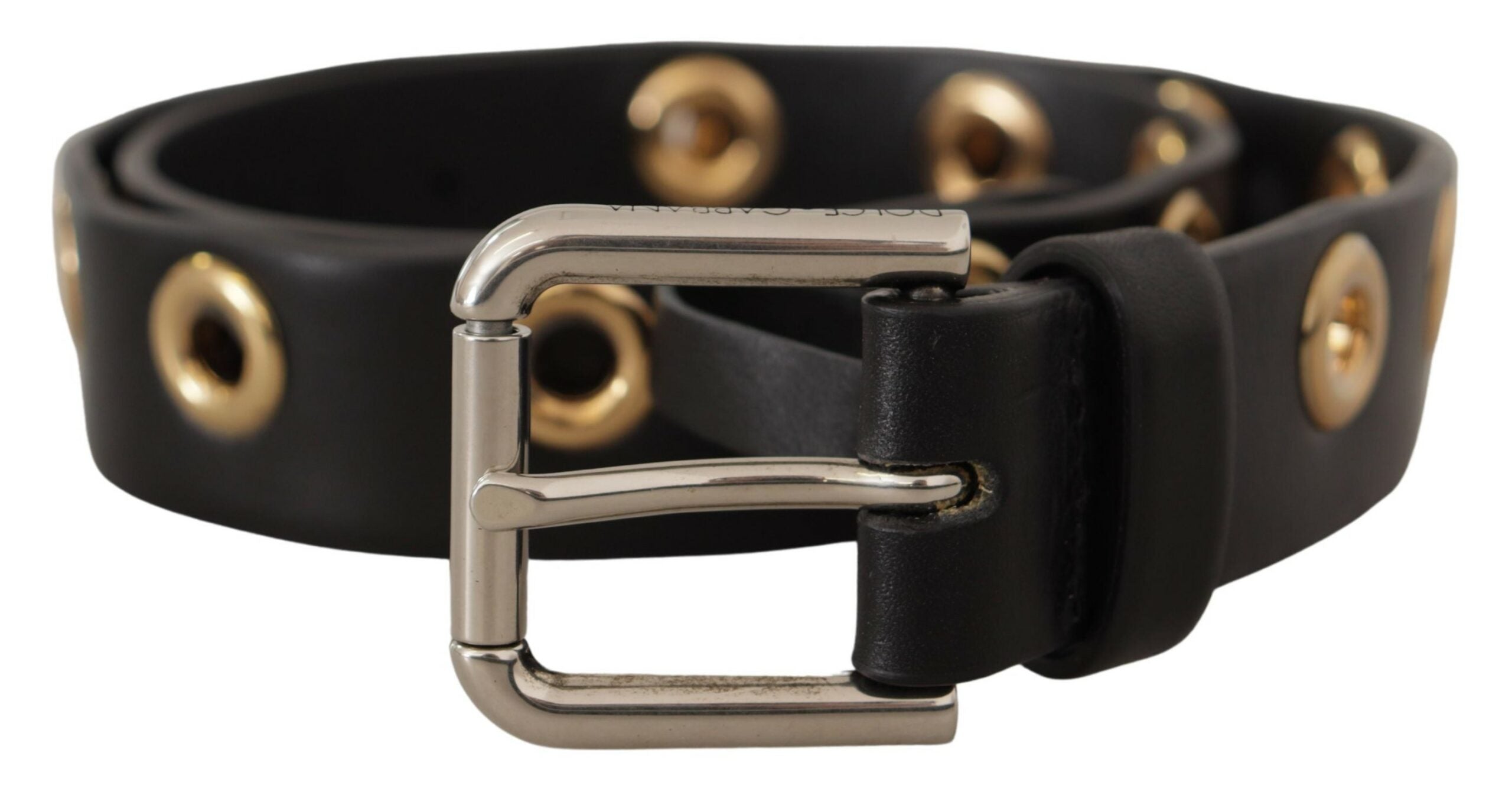 Black leather belt with silver eyelet and metal buckle from Dolce & Gabbana, featuring a sleek, stylish design.