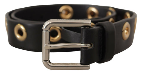 Black leather belt with silver eyelet and metal buckle from Dolce & Gabbana, featuring a sleek, stylish design.