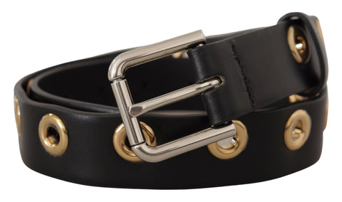 Black leather belt with silver eyelet and metal buckle from Dolce & Gabbana, featuring embossed leather and adjustable strap.