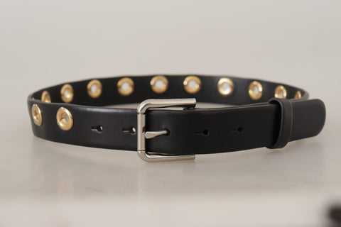 Black leather belt with silver eyelet and metal buckle from Dolce & Gabbana, featuring a stylish, adjustable design.