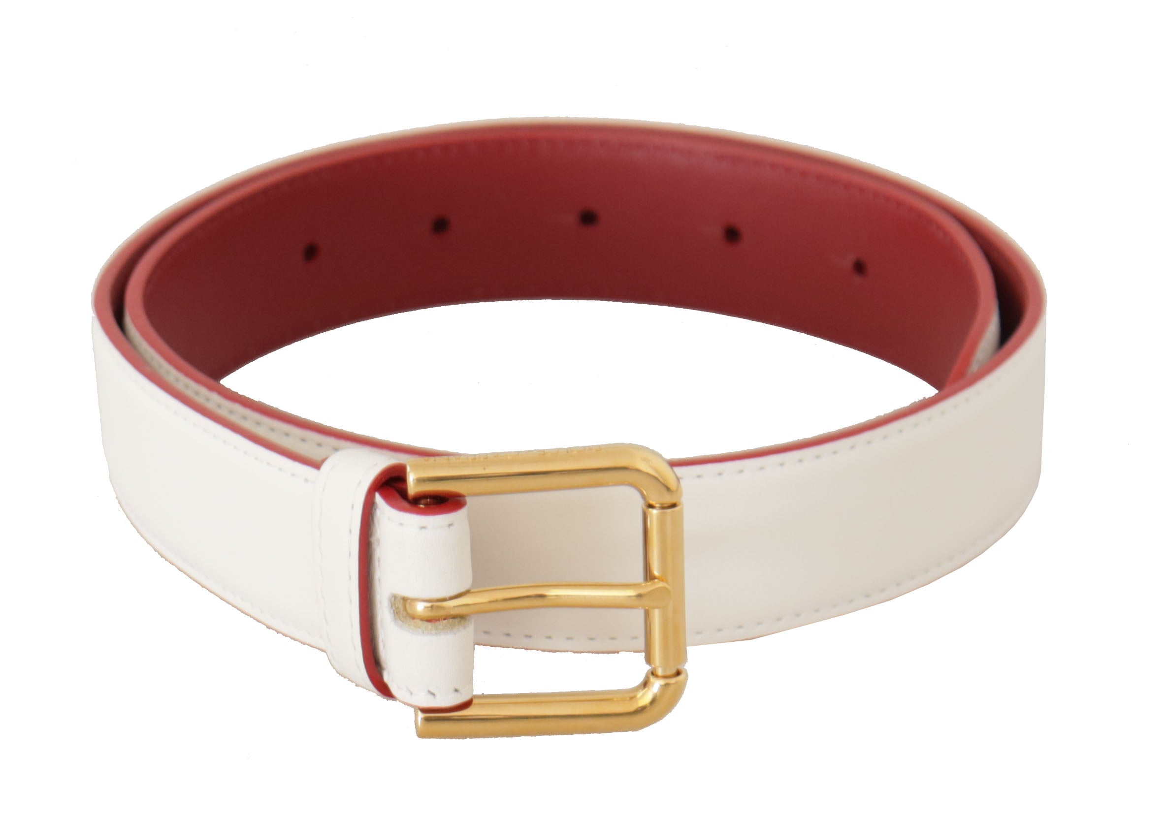 White calf leather two-toned belt with gold metal buckle by Dolce & Gabbana, featuring a sleek and stylish design.