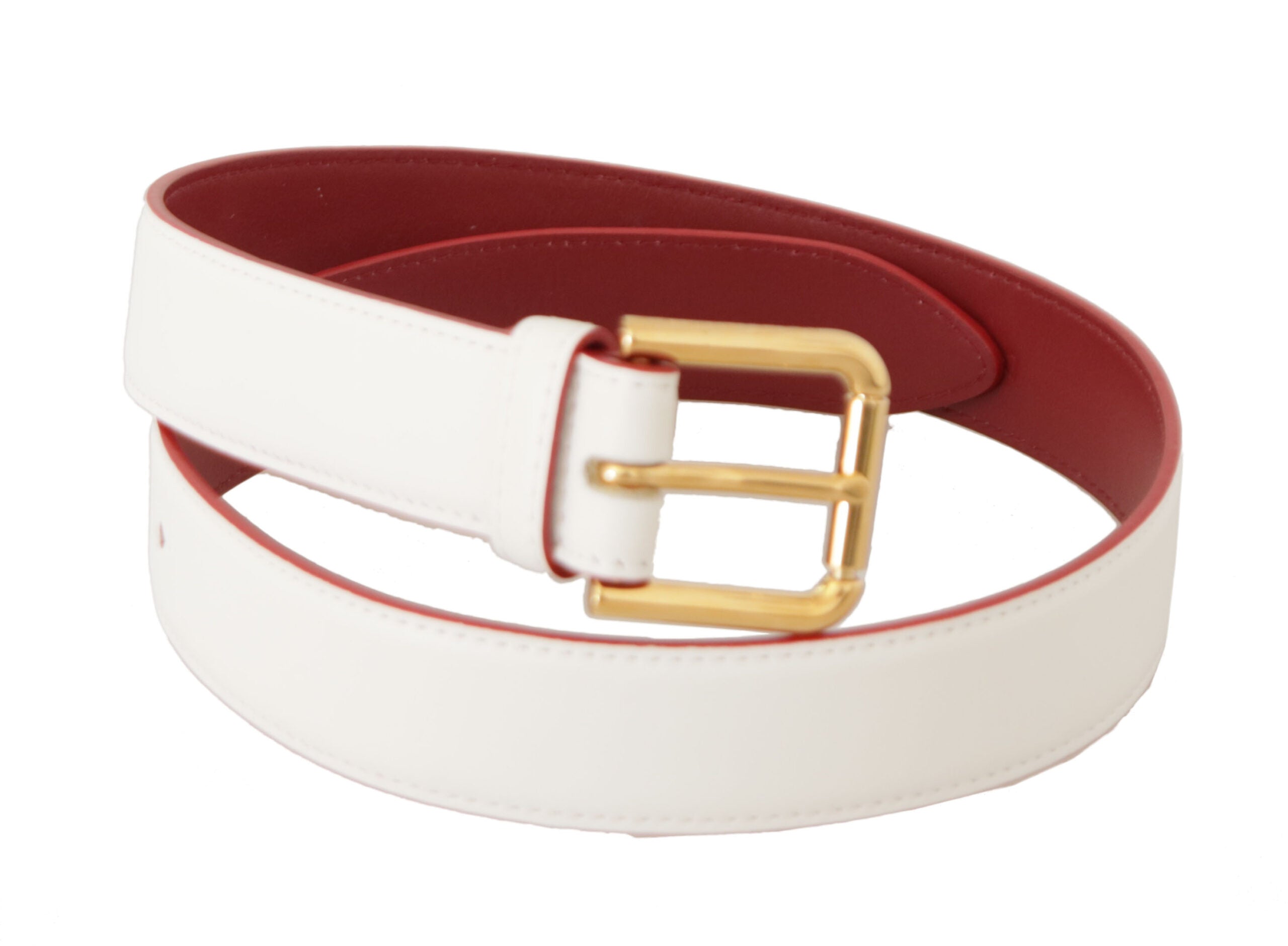 White calf leather belt with two-tone gold metal buckle from Dolce & Gabbana, stylish accessory featuring sleek design.