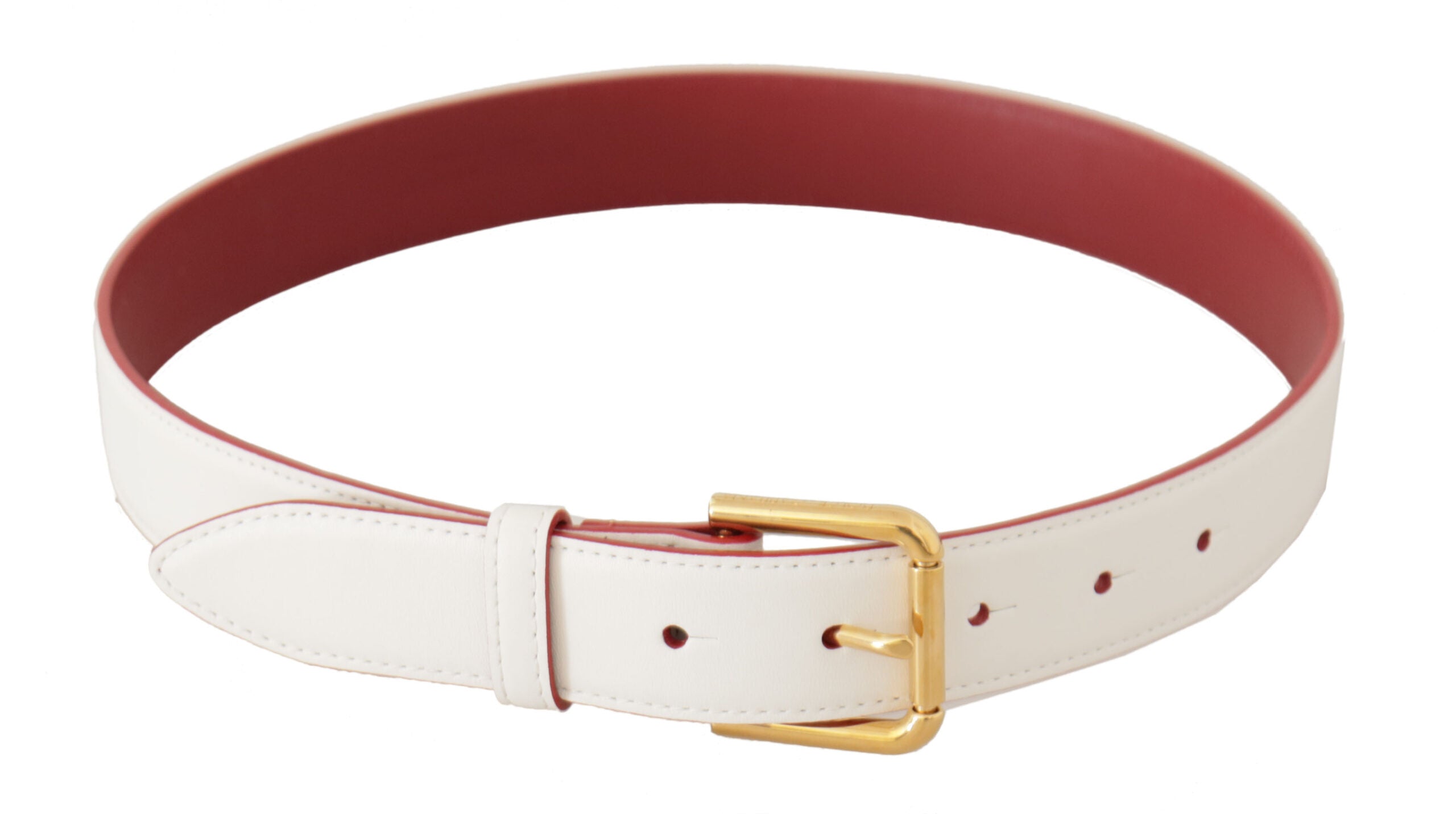 White calf leather two-toned gold metal buckle belt by Dolce & Gabbana, featuring a sleek design and polished hardware.