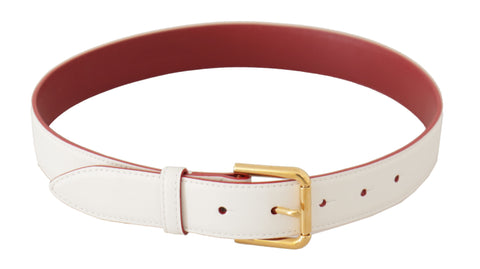 White calf leather two-toned gold metal buckle belt by Dolce & Gabbana, featuring a sleek design and polished hardware.