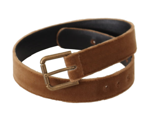 Brown velvet belt with bronze vintage logo metal buckle, Dolce & Gabbana fashion accessory on a neutral background.