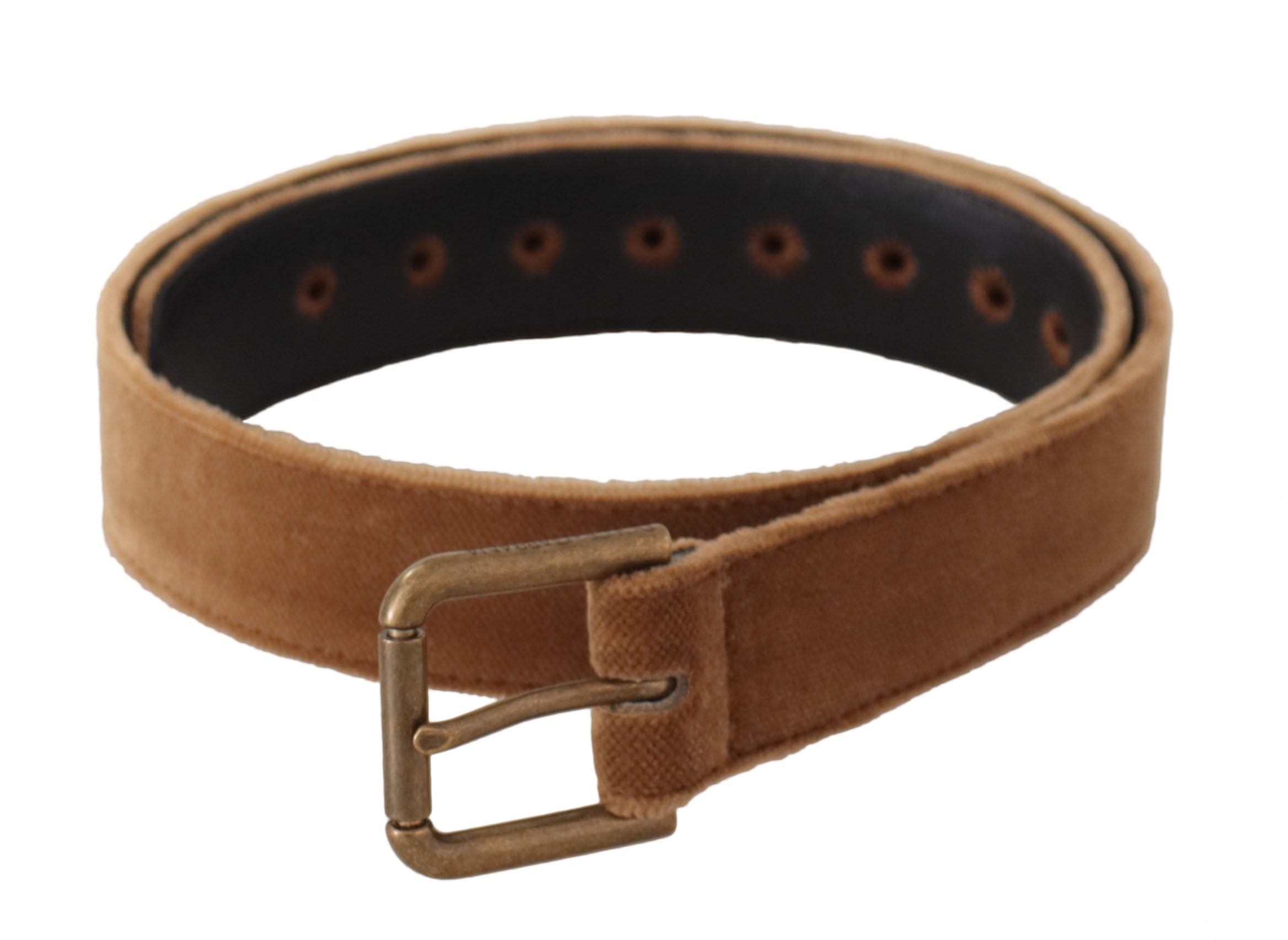 Brown velvet belt with bronze vintage logo metal buckle from Dolce & Gabbana, featuring a stylish and elegant design.