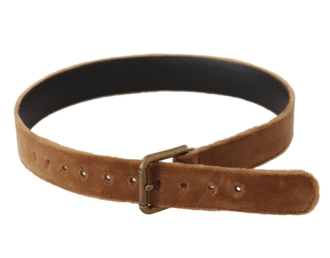 Brown velvet belt with bronze vintage logo metal buckle by Dolce & Gabbana, featuring a soft velvet strap and classic metal buckle.